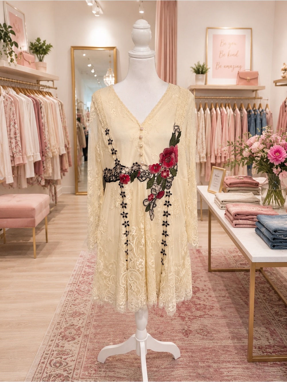 V Christina Large Cream Lace Embroidered Dress Floral Appliqué Boho Romantic
